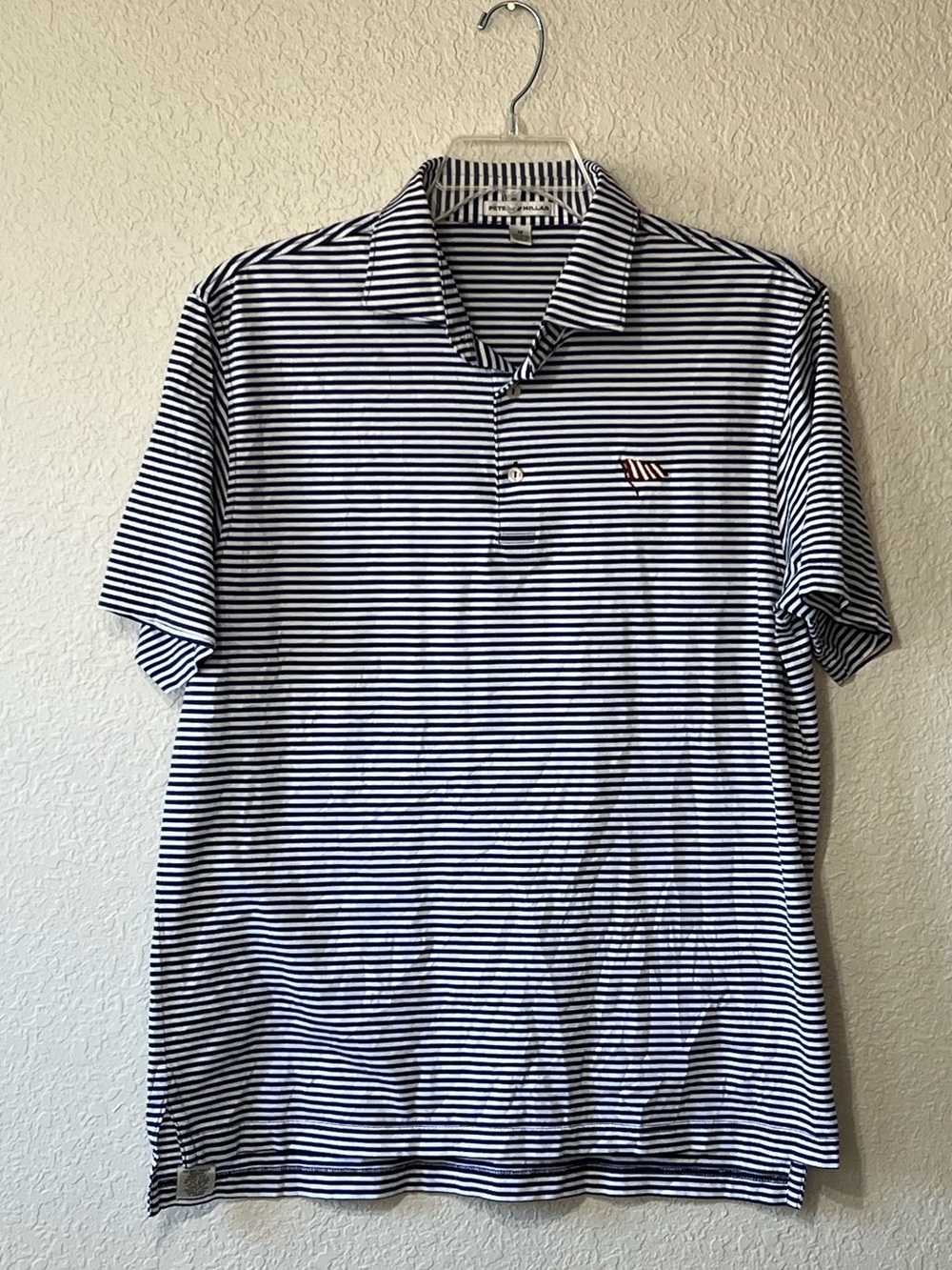 Boston Golf Club Polo Shirt Peter Millar Men's Navy Stripe S/S 100% Cotton Med